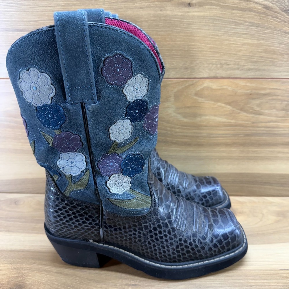 ARIAT Doll Baby Cowboy Boots 6 B Blue‎ Floral Suede Snake Print Square Toe